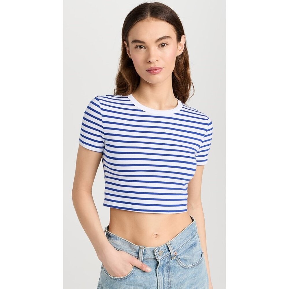 DENIMIST Women's Cropped Baby Tee Size XS In White w/ Royal Blue Stripe